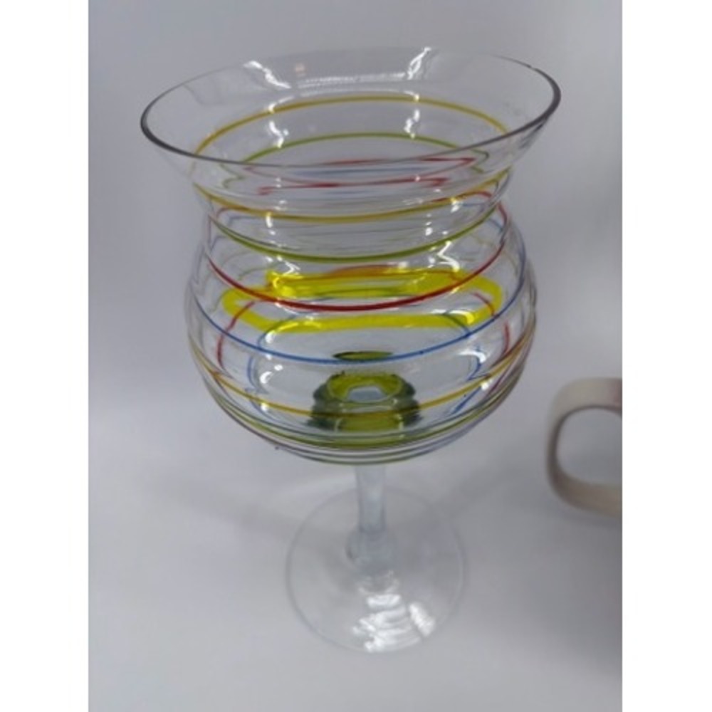 Tall Multi Color Striped Art Glass Goblet Vase‎ Green Orb Stem 11.75 Inch